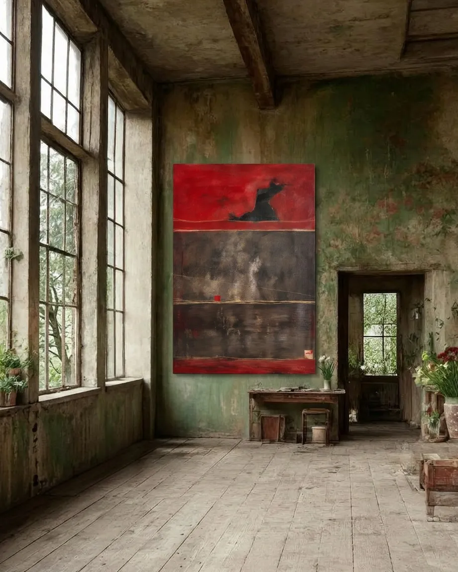 Vista frontal de una amplia habitación de estilo antiguo o industrial con paredes verdes desgastadas, ventanales de madera y suelo de tablones. Al fondo, colgada en el centro, resalta la pintura abstracta vertical 'Un solo paso en la ceniza' con sus intensos tonos rojos, grises y negros.