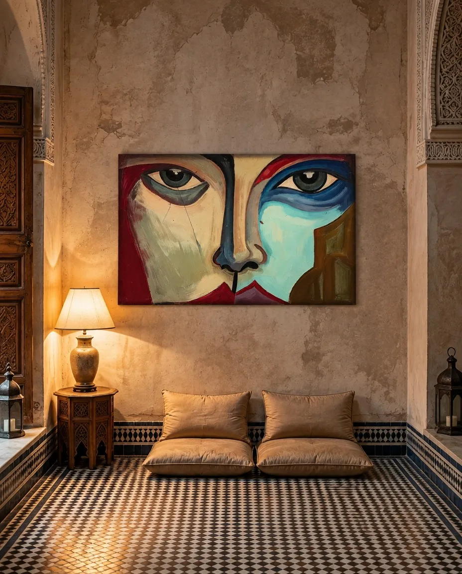 SIMULACRUM de Maurizio Valch, pintura horizontal de un rostro abstracto en rojo, beige, azul y turquesa, colgada en un interior de inspiración mediterránea.