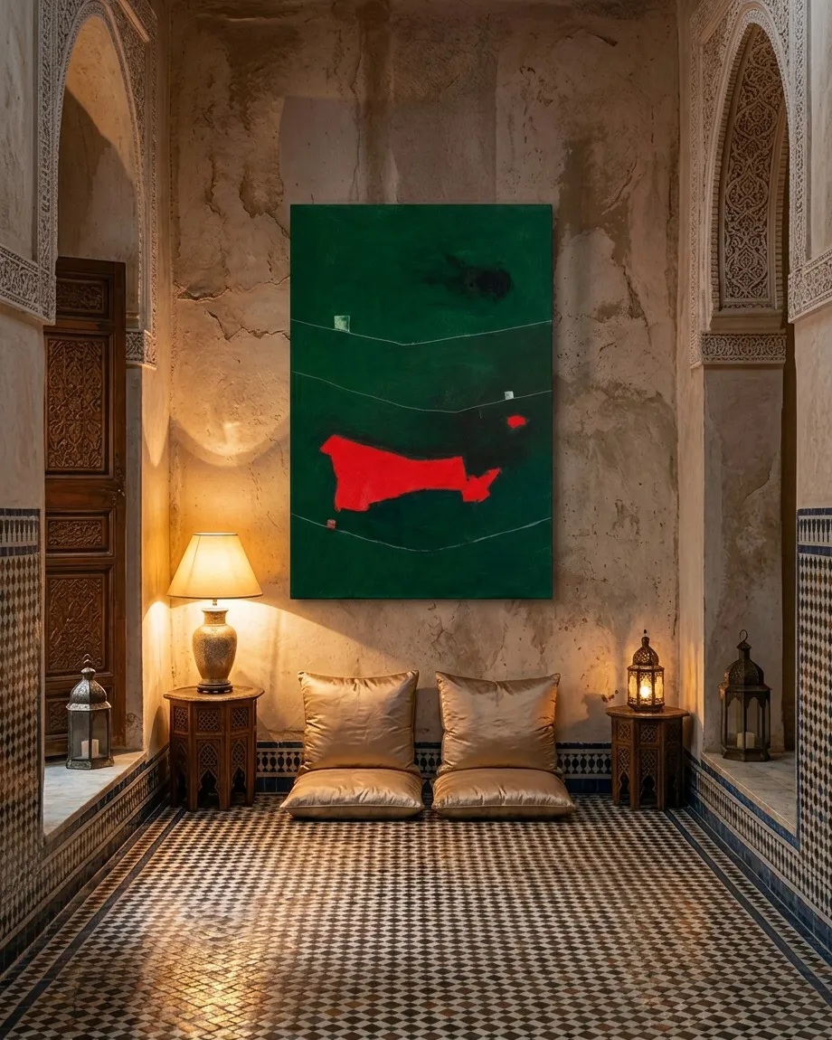 Sogno di un filo teso vertical painting displayed on a rustic, weathered plaster wall in a riad-style interior courtyard. Below the painting are two golden floor cushions on the geometric mosaic floor, illuminated by the warm light of a table lamp and an iron lantern.