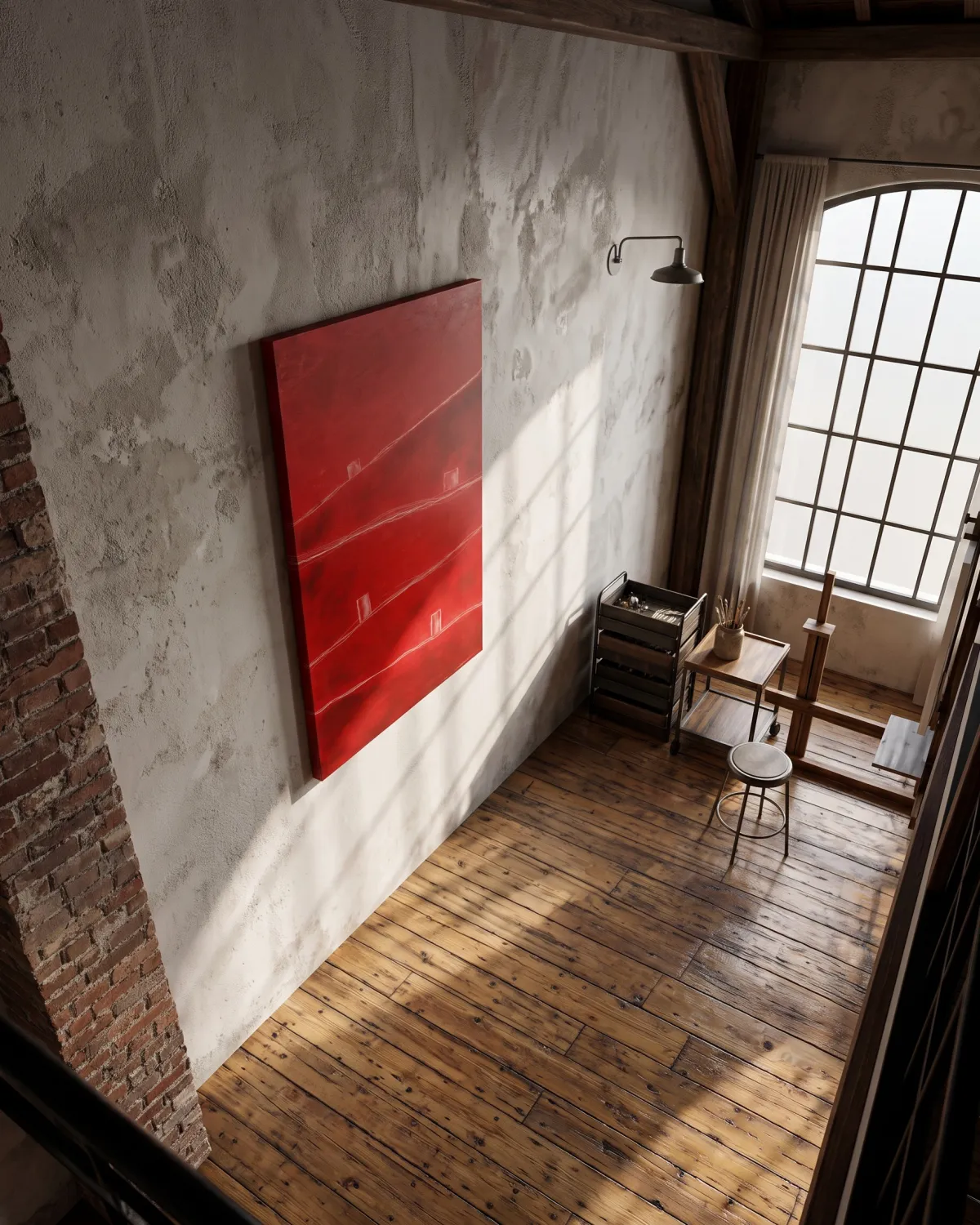 Pintura abstracta roja ATHAR colgada en una pared de hormigón visto dentro de un loft o estudio de pintura rústico con ventanas de arco.