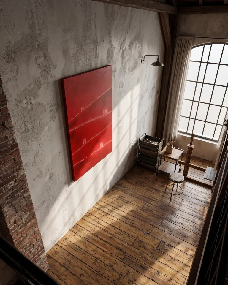 Abstract red painting ATHAR hanging on an exposed concrete wall inside a rustic loft or art studio with arched windows.