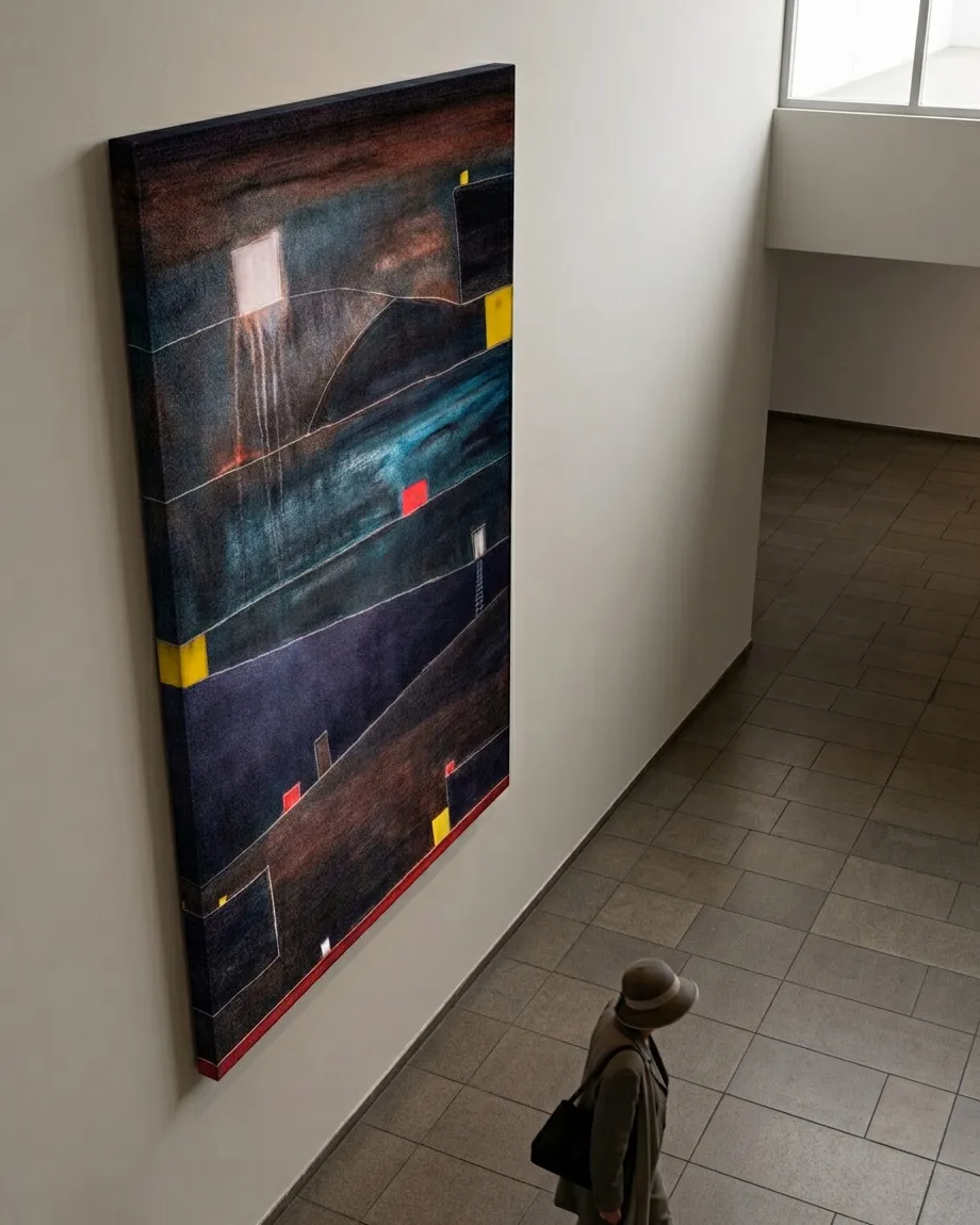 ADITUS de Maurizio Valch, pintura abstracta vertical instalada en la pared de un rellano, sobre una escalera. La obra muestra bandas oscuras, una franja turquesa y pequeños rectángulos luminosos.