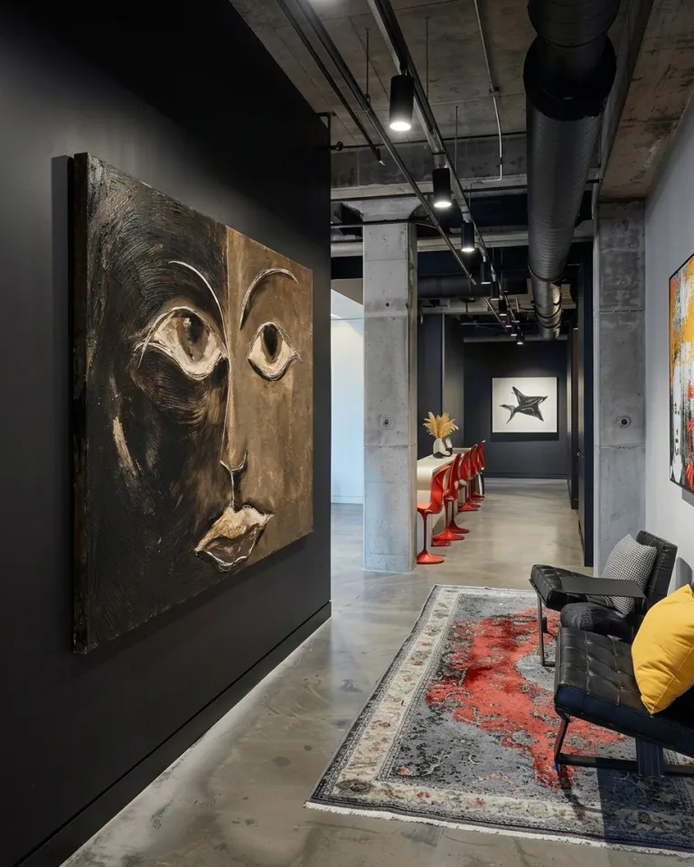 Large painting of a divided face displayed on a black wall in a modern design hallway with concrete columns and contemporary decor.