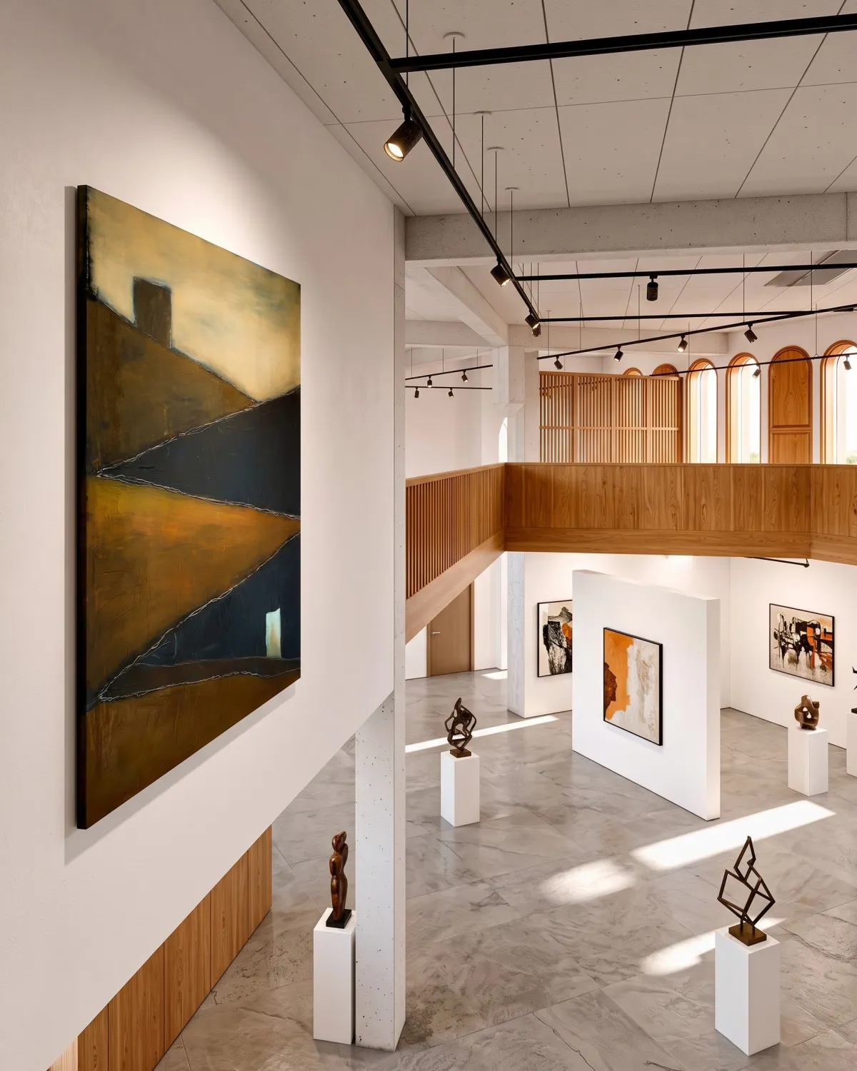 Perspectiva de la obra abstracta TENSUM colgada en la pared principal de una espaciosa galería de arte moderno con esculturas y techos altos.