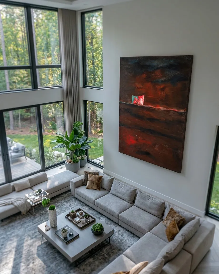 Modern living room with a grey modular sofa and large windows overlooking the forest, where the painting What the Night Left Burning stands out on the main wall.