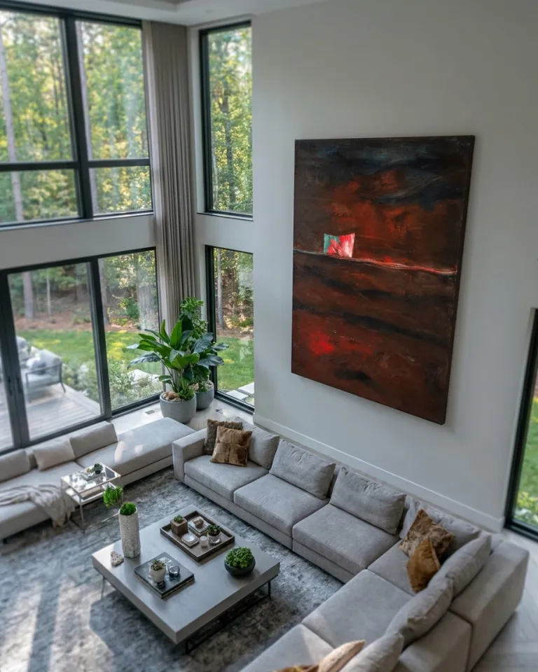 Modern living room with a grey modular sofa and large windows overlooking the forest, where the painting What the Night Left Burning stands out on the main wall.