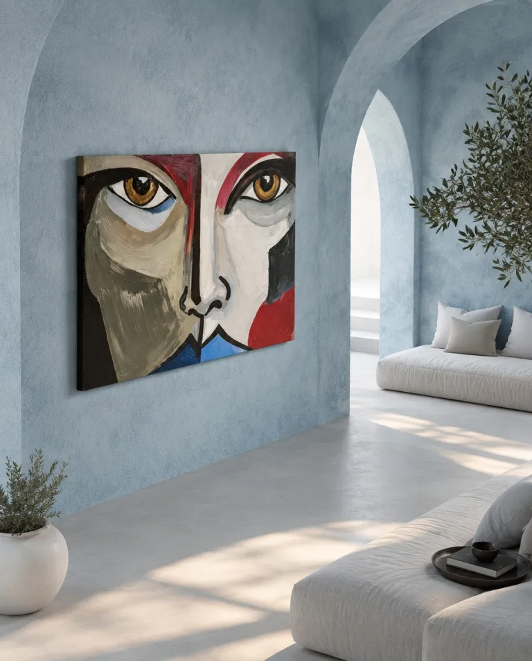 ASPECTUS by Maurizio Valch, a frontal painting of a divided face with amber eyes, installed on a blue-grey wall beneath Mediterranean arches.