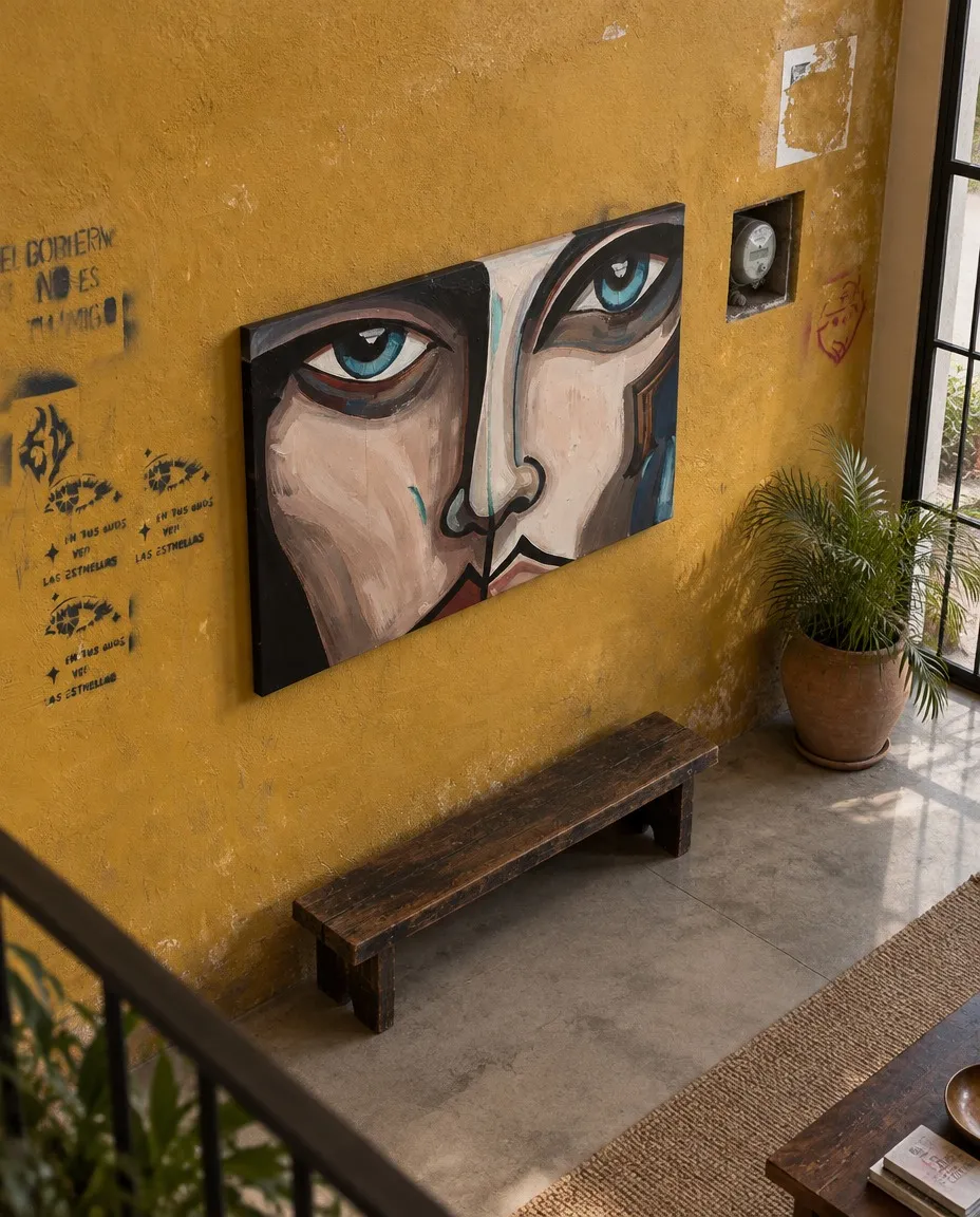 CUTIS de Maurizio Valch instalada sobre una pared ocre texturada, encima de un banco de madera y junto a una planta en maceta.