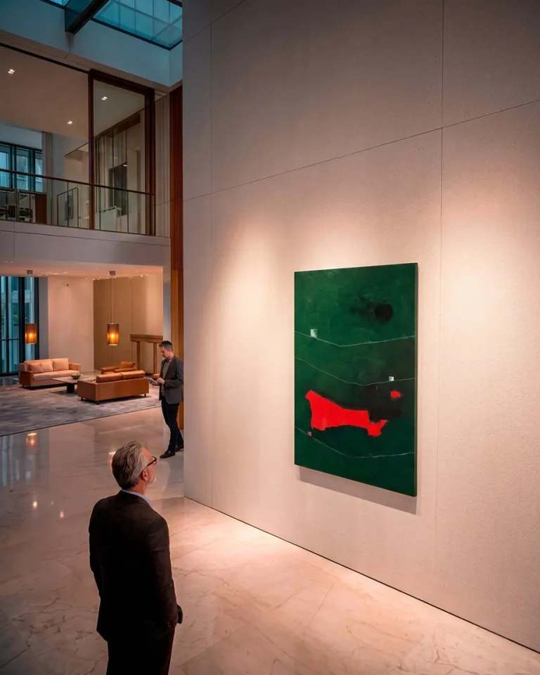 Elevated view from behind of a viewer observing Maurizio Valch's artwork displayed on the wall of a spacious living room with high ceilings and Scandinavian design.