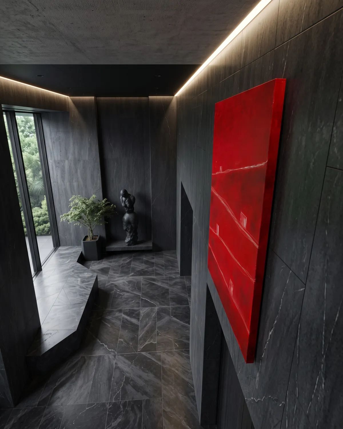 Pintura abstracta roja titulada ATHAR de Maurizio Valch colgada en la pared de un sofisticado pasillo moderno de piedra oscura.