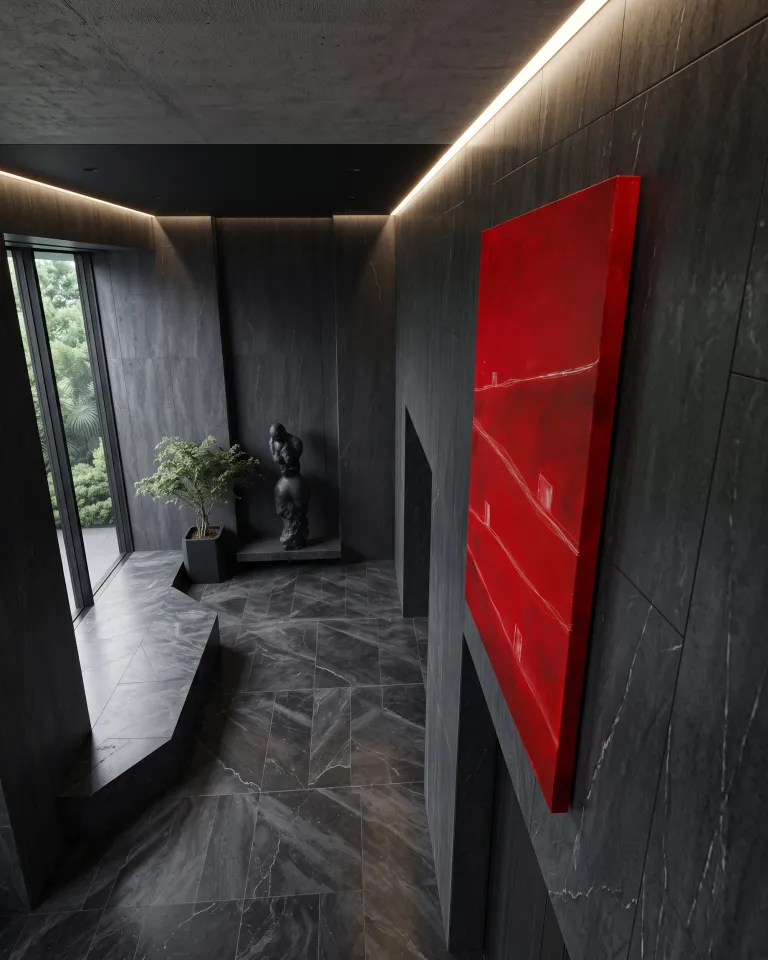 Abstract red painting titled ATHAR by Maurizio Valch hanging on the wall of a sophisticated modern dark stone hallway.