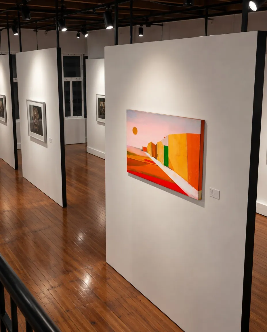 VIA SOLIS de Maurizio Valch expuesta sobre un panel blanco en una galería, entre pasillos y otras obras. La pintura horizontal muestra una vía blanca entre planos rojos, ocres, amarillos y naranjas bajo un cielo rosado.
