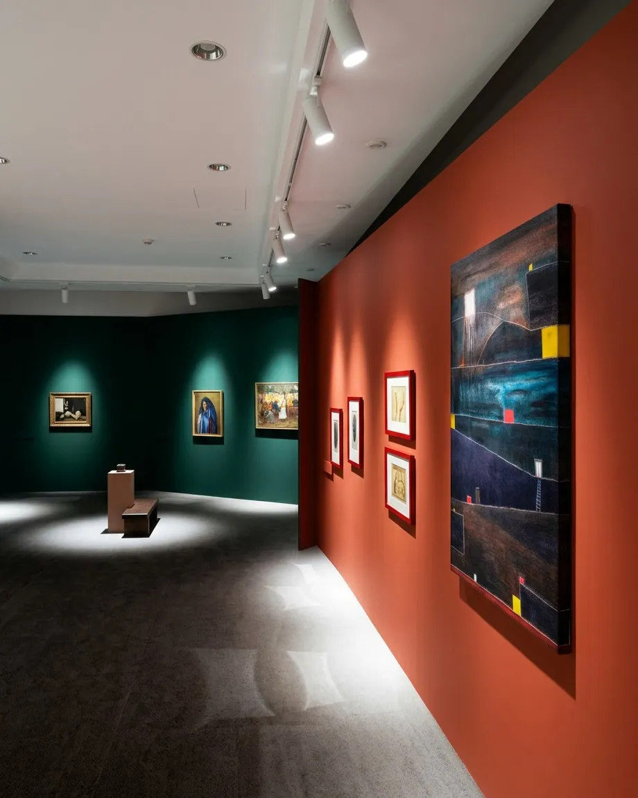 ADITUS de Maurizio Valch, pintura abstracta vertical con franjas oscuras, banda turquesa y pequeños rectángulos rojos y amarillos, instalada en una pared roja de galería junto a obras figurativas enmarcadas.