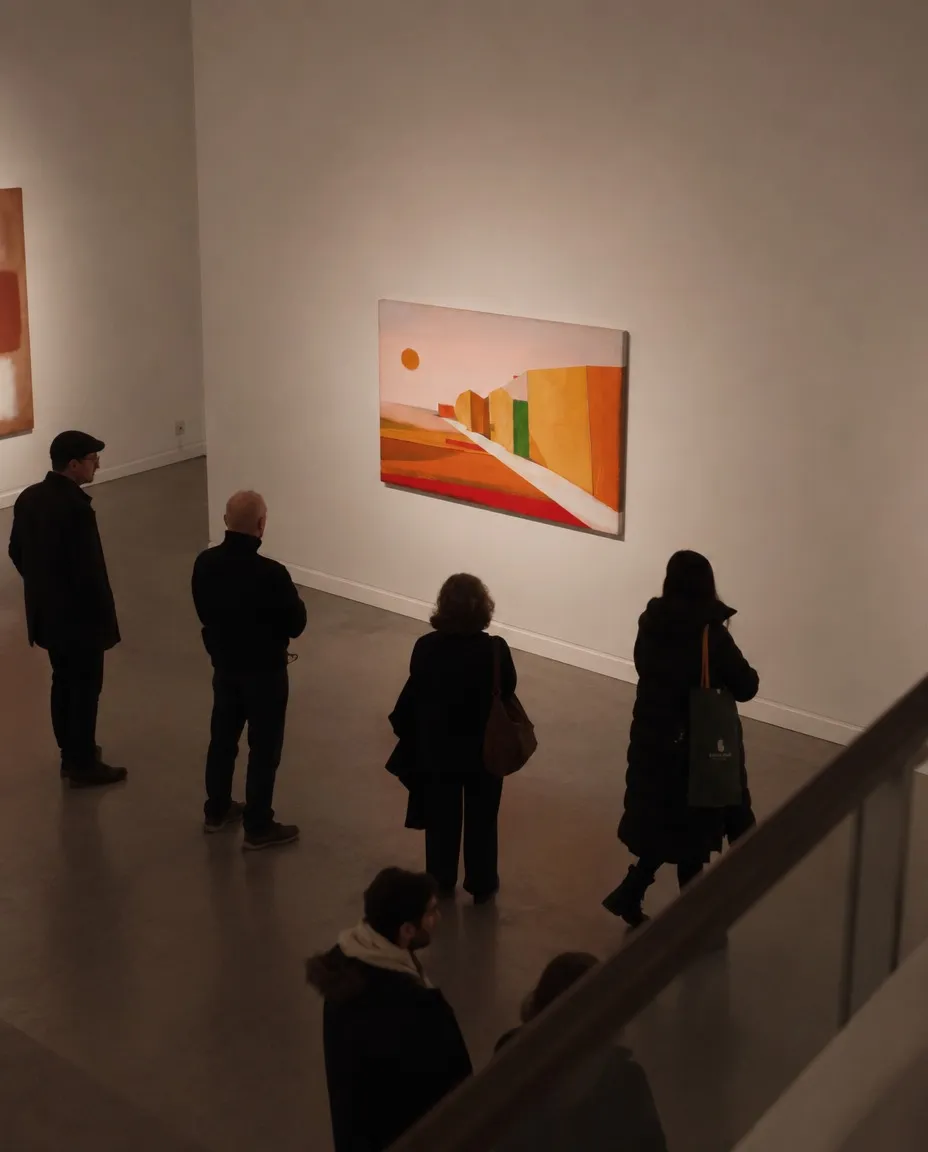 Visitantes observan VIA SOLIS, de Maurizio Valch, en una sala de museo. La pintura horizontal muestra una vía blanca entre campos rojos, ocres, amarillos, naranjas y verdes.