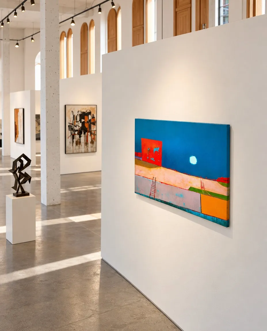 Mockup of LUX REMOTA in a large, bright gallery, seen at an oblique angle. The horizontal canvas shows a blue sky, red block, white sphere, colour strata, and two stairways.