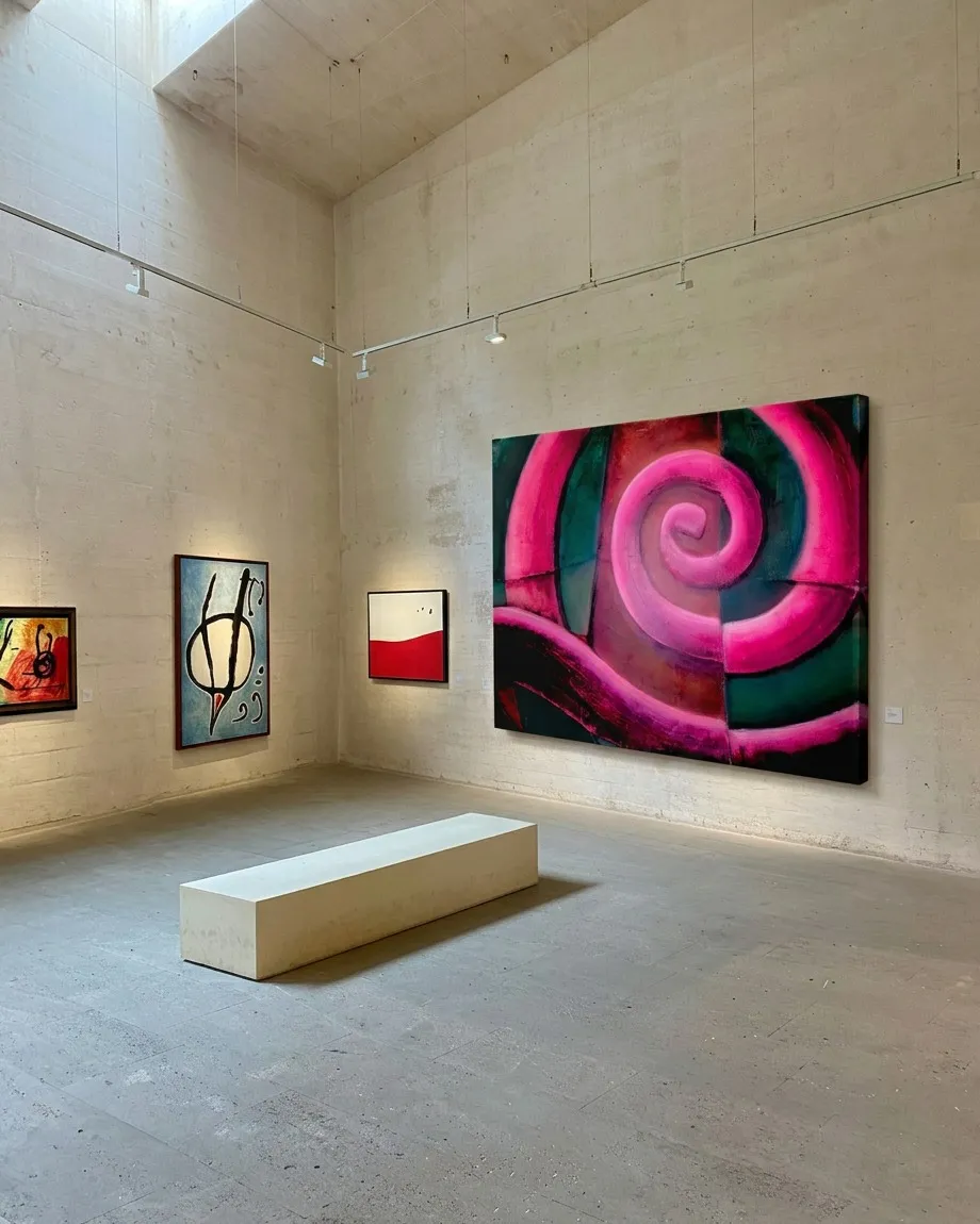 Large-format abstract painting with a dense fuchsia spiral on a dark background, exhibited in an industrial-style gallery room with concrete walls and a central bench.
