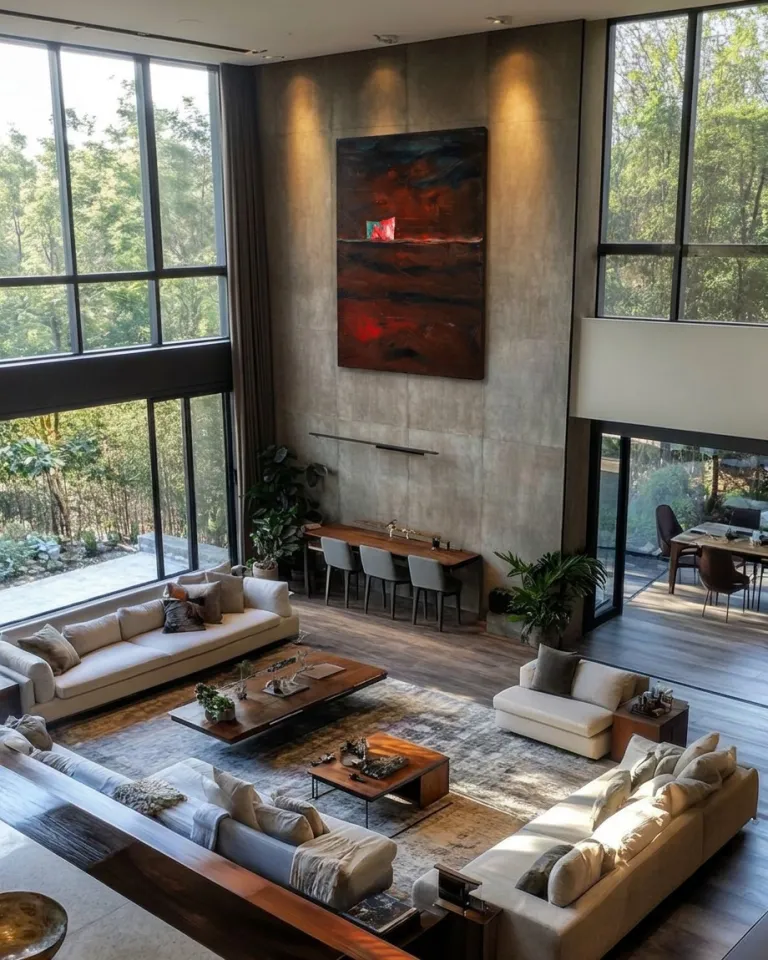 Abstract artwork by Maurizio Valch with black and red tones hanging on a large gray concrete wall in an industrial-style, double-height living room.