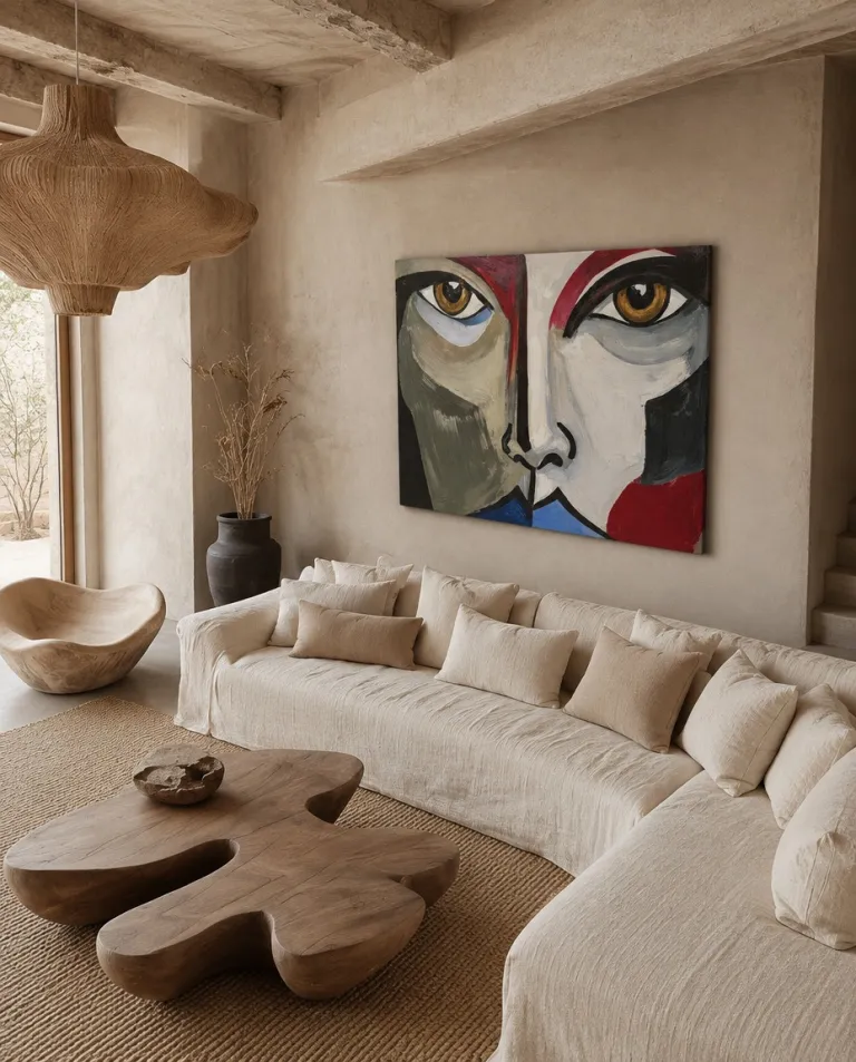 ASPECTUS by Maurizio Valch, a divided-face painting with amber eyes, hung above a curved sofa in an earth-toned living room with wood accents.