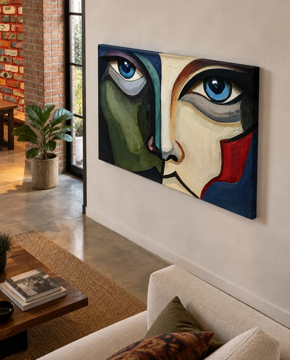 ACIES de Maurizio Valch, pintura horizontal de un rostro dividido en verde oscuro y marfil, con ojos azules y detalles rojos, colgada en una pared clara junto a un muro de ladrillo.