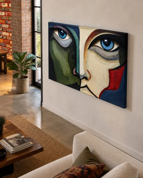ACIES, a frontal painting by Maurizio Valch: a vertically divided face, with one blue eye against dark green and the other against ivory, grey, red, and blue.