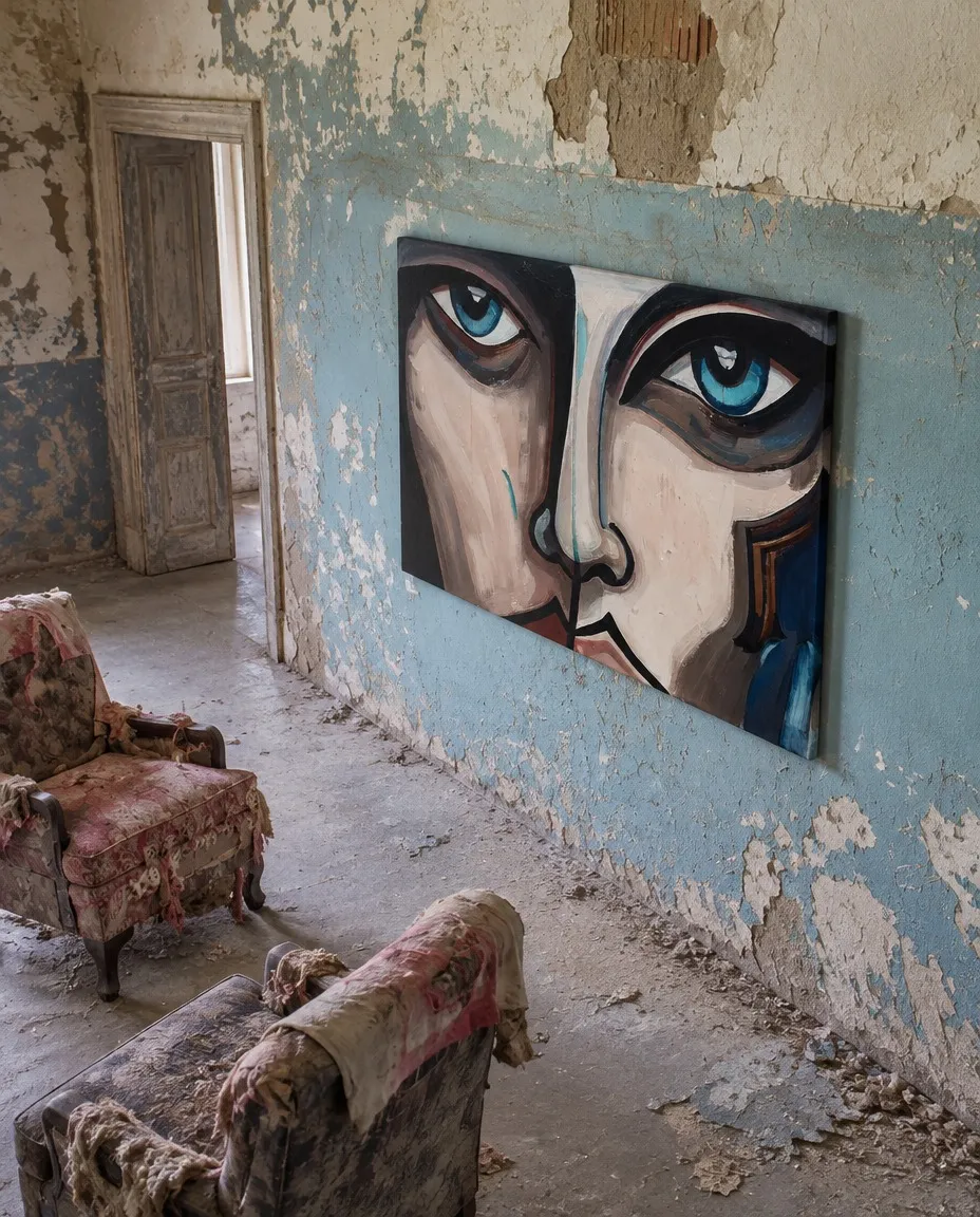 CUTIS de Maurizio Valch, pintura de rostro dividido con ojos azules, instalada en una habitación vintage de pared azul y revoque desgastado.