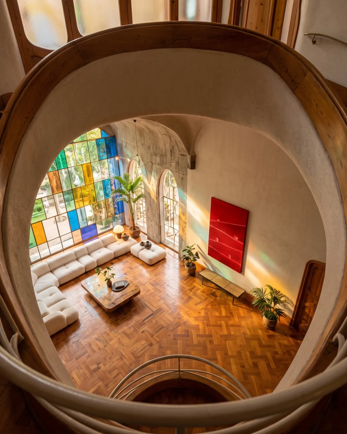 Vista cenital desde una escalera circular de madera que encuadra un gran salón con vitral multicolor y el cuadro rojo ATHAR de Maurizio Valch.