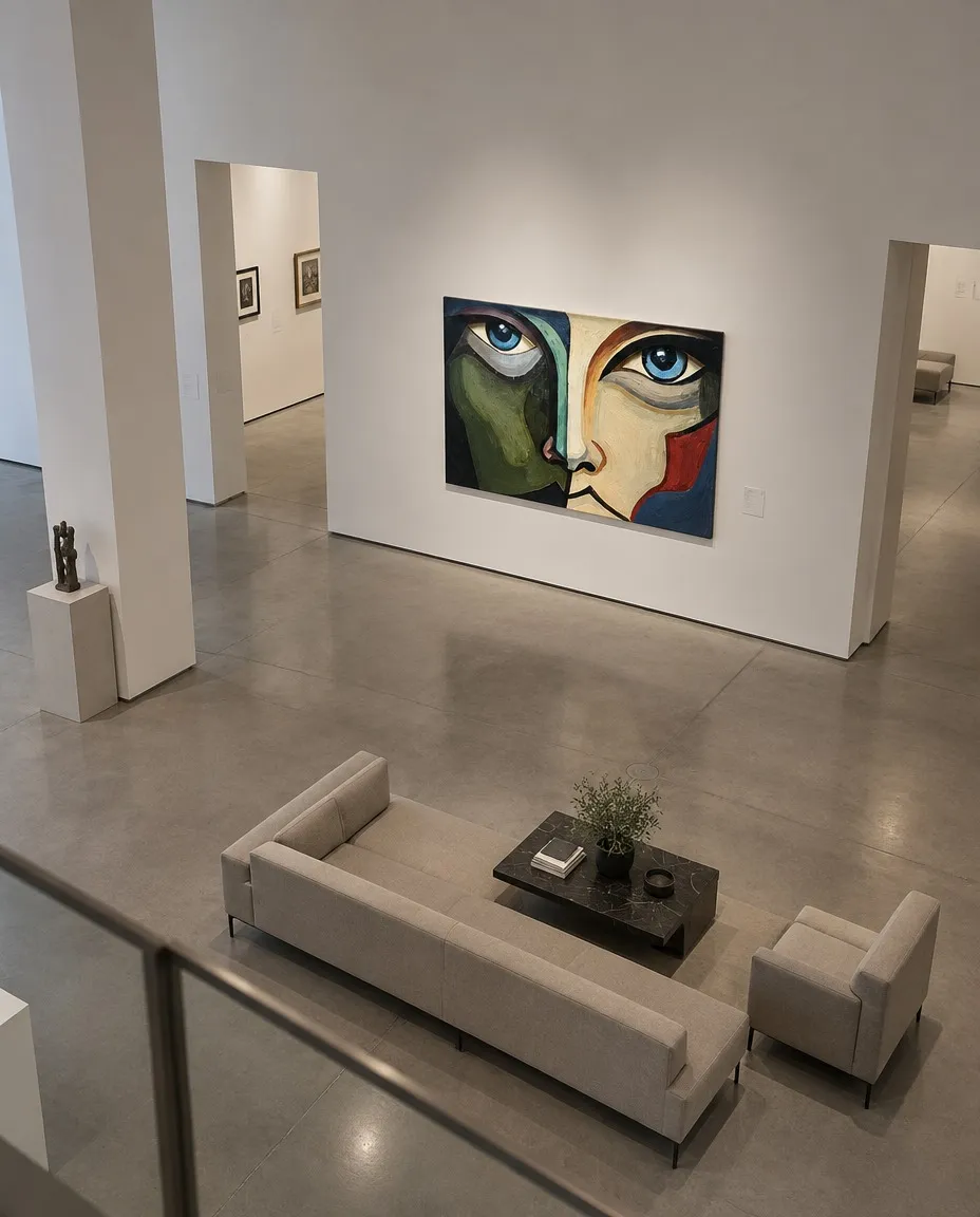 ACIES de Maurizio Valch expuesta en una galería contemporánea, pintura horizontal de un rostro fragmentado en verde, marfil, rojo y negro con ojos azules.
