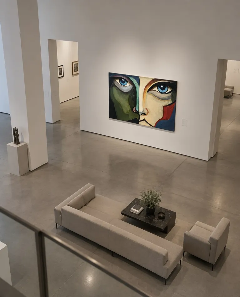 ACIES by Maurizio Valch displayed in a contemporary gallery, a horizontal painting of a fragmented face in green, ivory, red, and black with blue eyes.