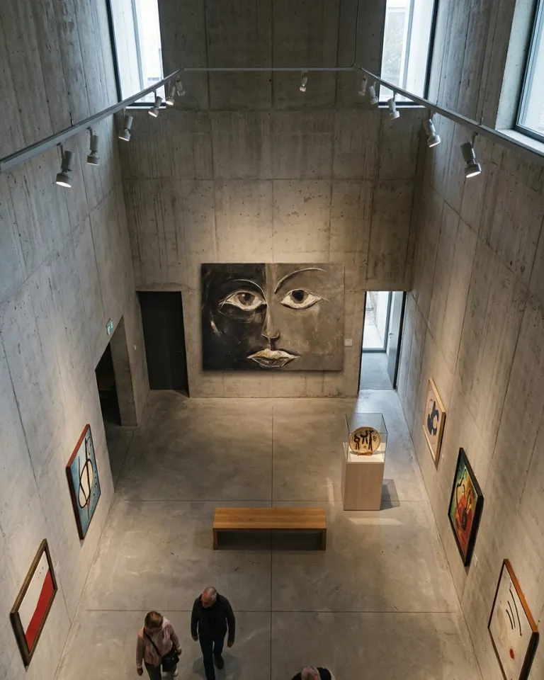 Large-format painting of a face vertically divided into an impasto black half and an earthy ochre half, installed in an exposed concrete exhibition room.
