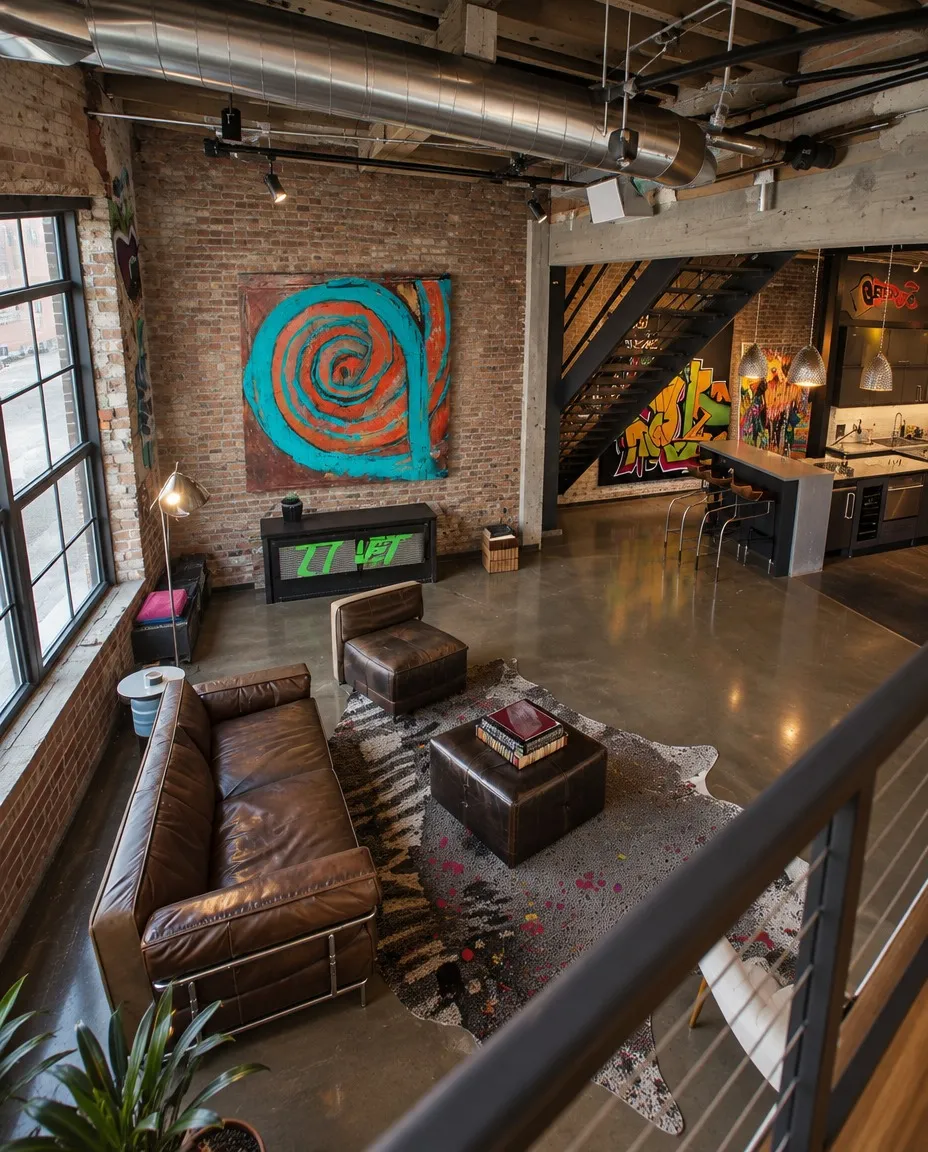 Perspectiva elevada de un salón estilo loft industrial con sofás de cuero marrón y el cuadro monumental HAUSTUS de Maurizio Valch presidiendo la pared.