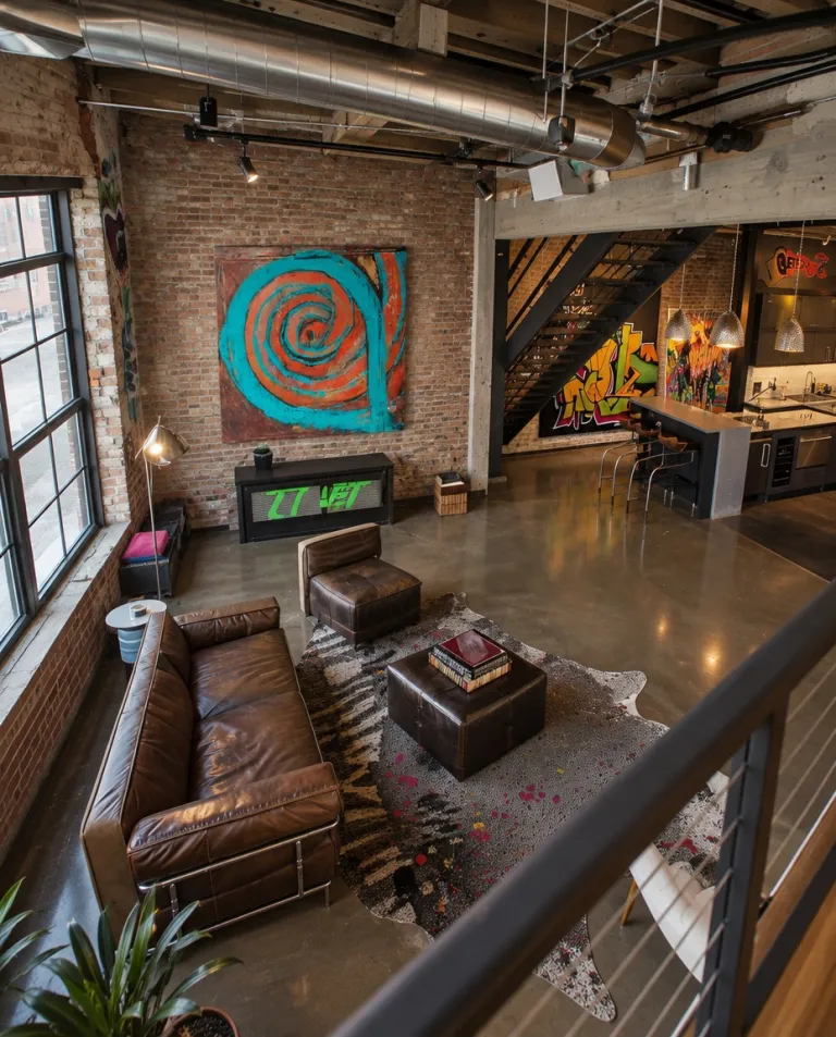 Perspectiva elevada de un salón estilo loft industrial con sofás de cuero marrón y el cuadro monumental HAUSTUS de Maurizio Valch presidiendo la pared.
