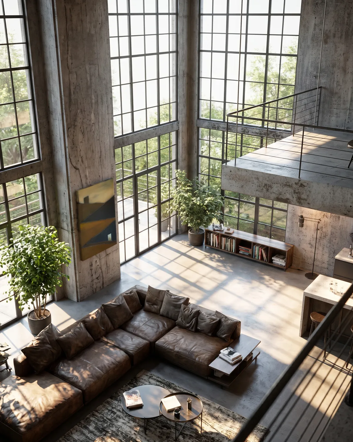 Elevated view of a large loft-style living room with the abstract painting TENSUM hanging on a concrete column next to windows.