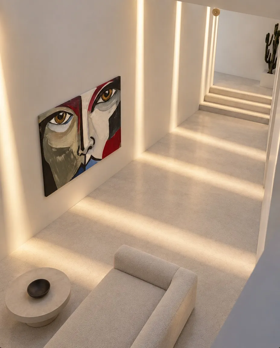 ASPECTUS by Maurizio Valch installed on the wall of a double-height minimalist foyer beside an illuminated staircase.