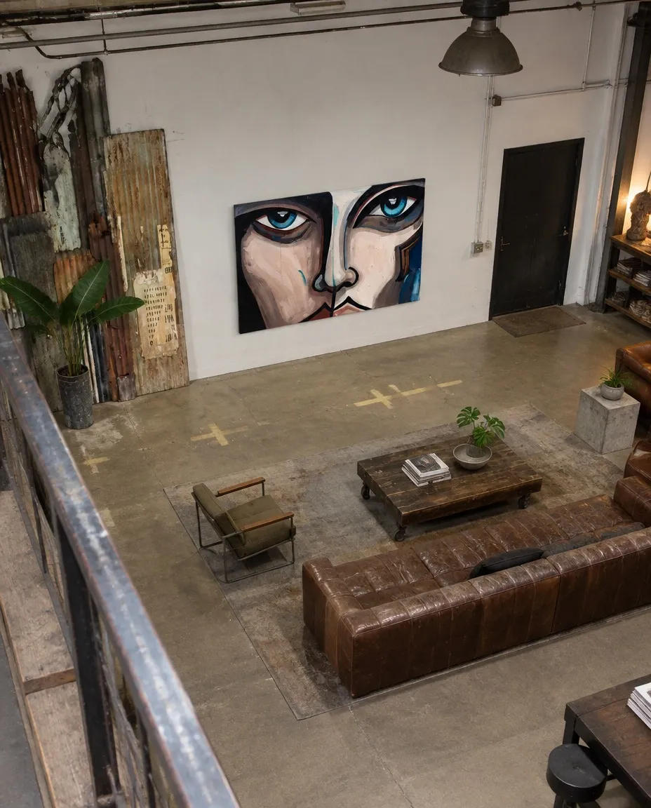 CUTIS de Maurizio Valch colgada en la pared blanca de un salón industrial con sofá de cuero, mesa de madera y plantas.