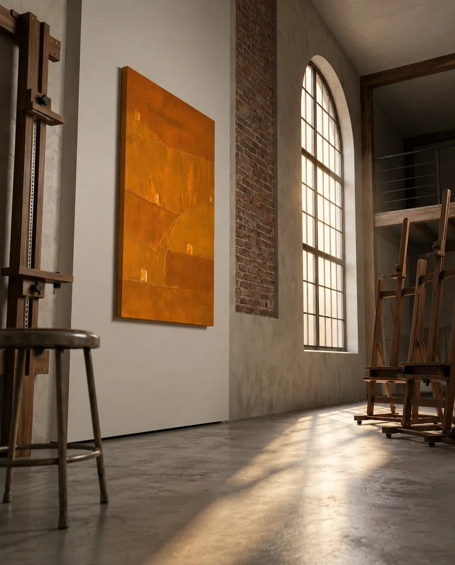 Obra abstracta TESSERA de Maurizio Valch expuesta junto a un gran ventanal de medio punto y caballetes de pintor en un estudio luminoso.