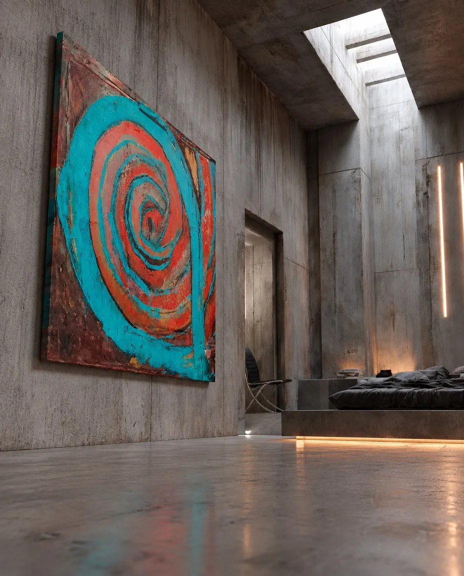 Pintura abstracta cuadrada de gran formato titulada HAUSTUS de Maurizio Valch. Una espiral gruesa de color azul turquesa domina la composición sobre un fondo texturizado de rojos, tierras y negros.