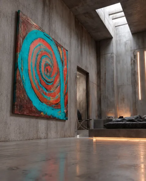 Square, large-format abstract painting titled HAUSTUS by Maurizio Valch. A thick turquoise blue spiral dominates the composition over a textured background of reds, earth tones, and blacks.