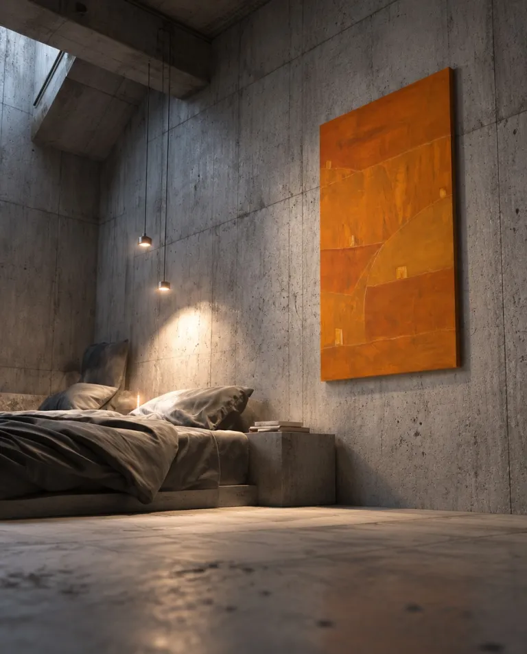 An abstract ochre and orange canvas by Maurizio Valch decorating a modern industrial-style bedroom with concrete walls and soft lighting.