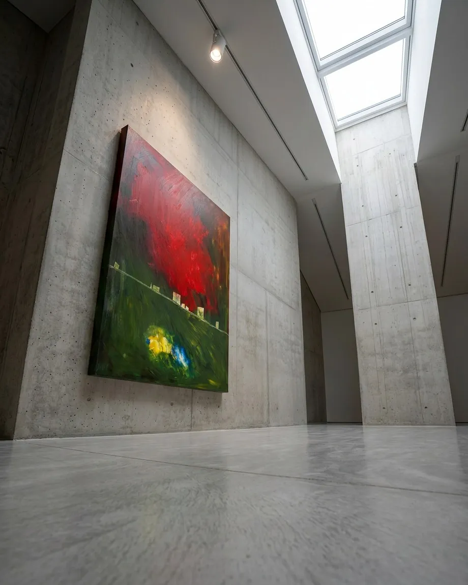 Pintura abstracta de Maurizio Valch titulada 'A Theory of Light and Shadows' instalada en la pared de hormigón visto de un pasillo minimalista bajo una claraboya.