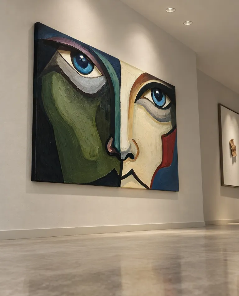 Perspective view of ACIES by Maurizio Valch, a horizontal split-face painting with blue eyes, a dark green side, and an ivory side with red.