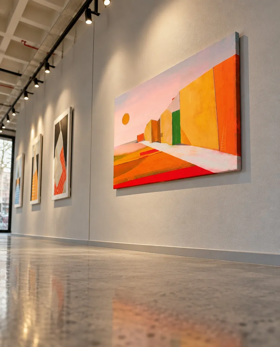 VIA SOLIS, pintura abstracta de Maurizio Valch, instalada en la pared de una galería contemporánea; una vía blanca atraviesa campos rojos y ocres hacia bloques amarillos y naranjas bajo un cielo rosado.