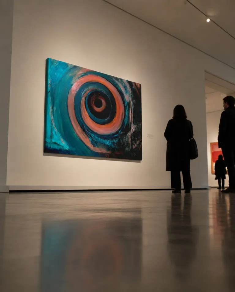 Dos personas observan la monumental obra HELIX de Maurizio Valch, una pintura abstracta de una espiral turquesa y cobre en una galería de arte.