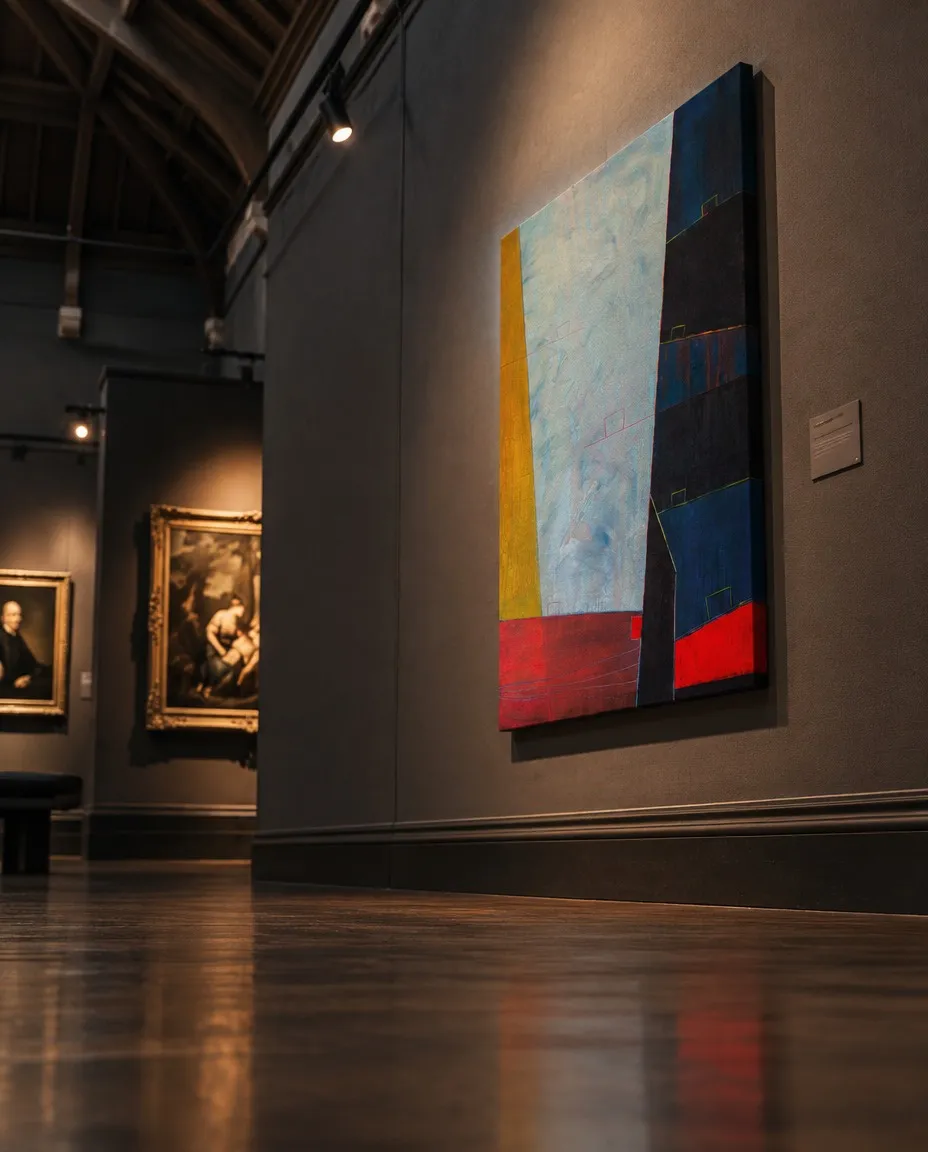 LIMEN de Maurizio Valch, pintura abstracta vertical de campo celeste, rojo, ocre y azul oscuro, expuesta en una sala de museo junto a pinturas figurativas enmarcadas.