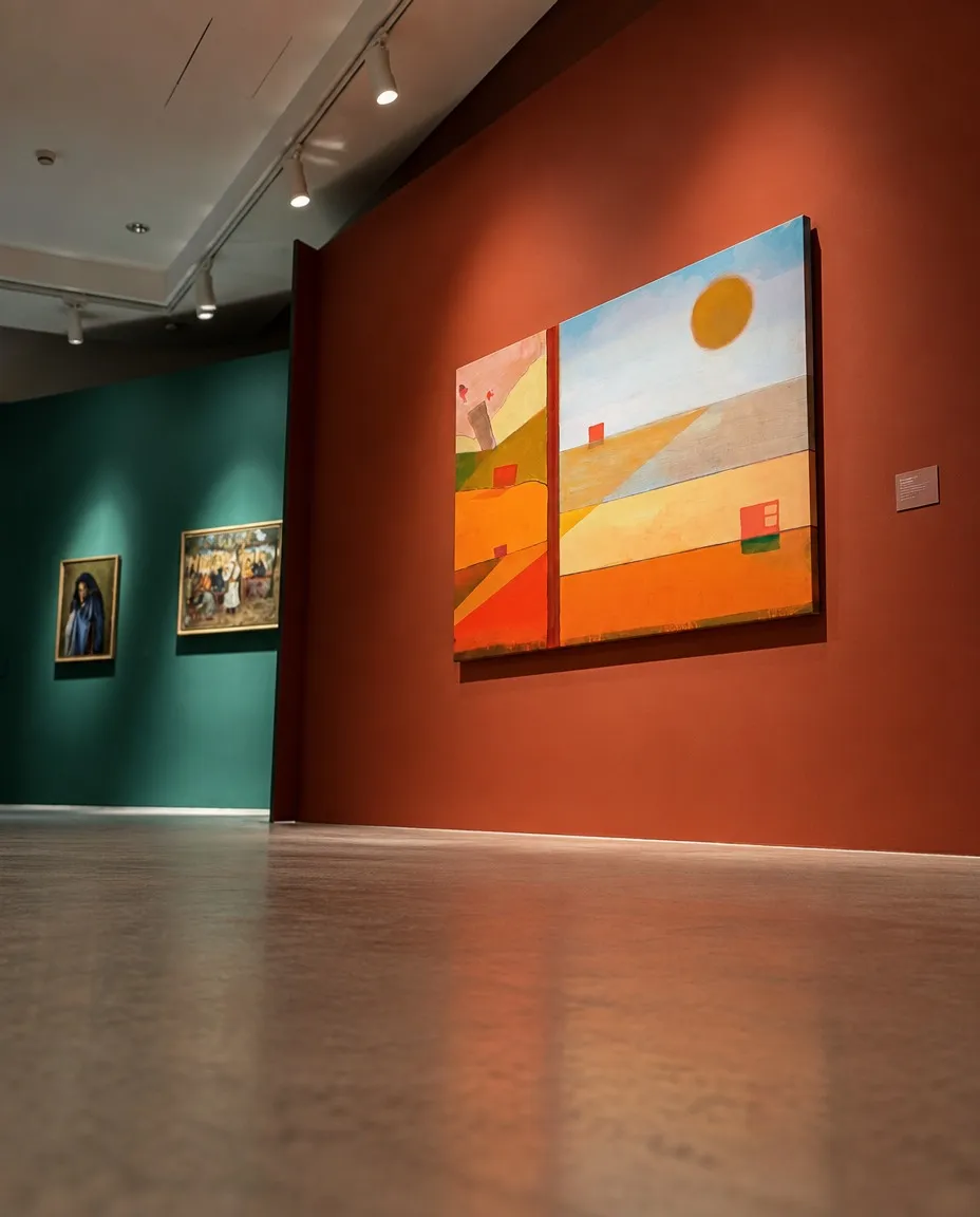A visitor views SOL DIVISUS on a light gallery wall alongside other paintings on display.