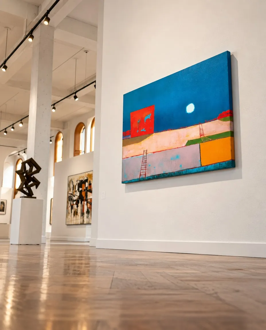 Mockup of LUX REMOTA in a spacious, high-ceilinged gallery, seen from a low lateral angle. The horizontal painting has a red block on the left, blue field, pale sphere, and bands of colour.
