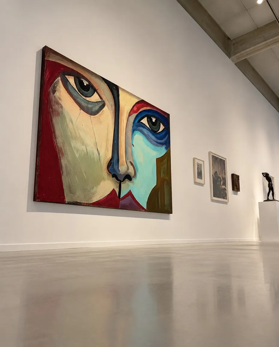 SIMULACRUM de Maurizio Valch, gran pintura de un rostro dividido en rojos, ocres, azul y turquesa, instalada en una galería blanca de techo industrial y suelo de hormigón.
