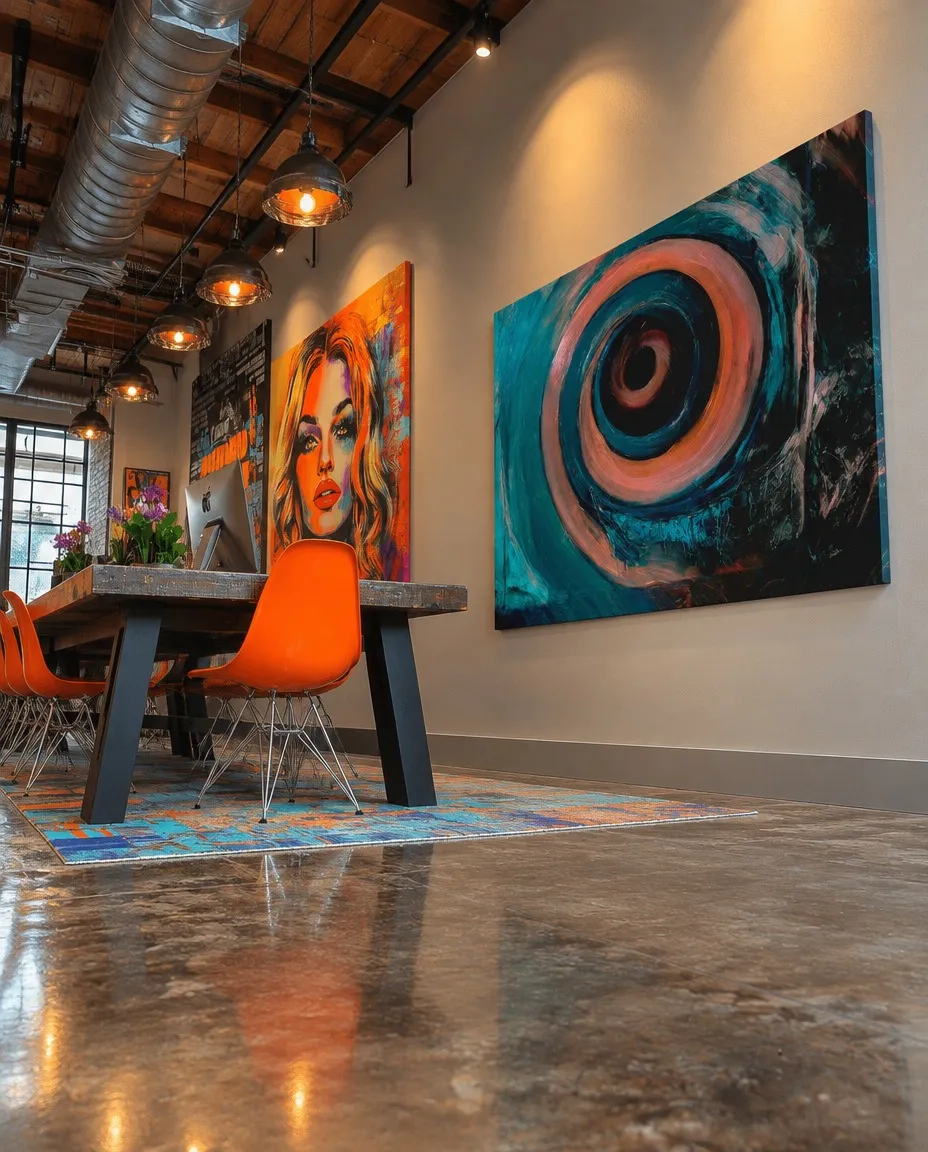 Large-format painting HELIX by Maurizio Valch exhibited on the wall of an industrial design office next to a large wooden table and orange chairs.
