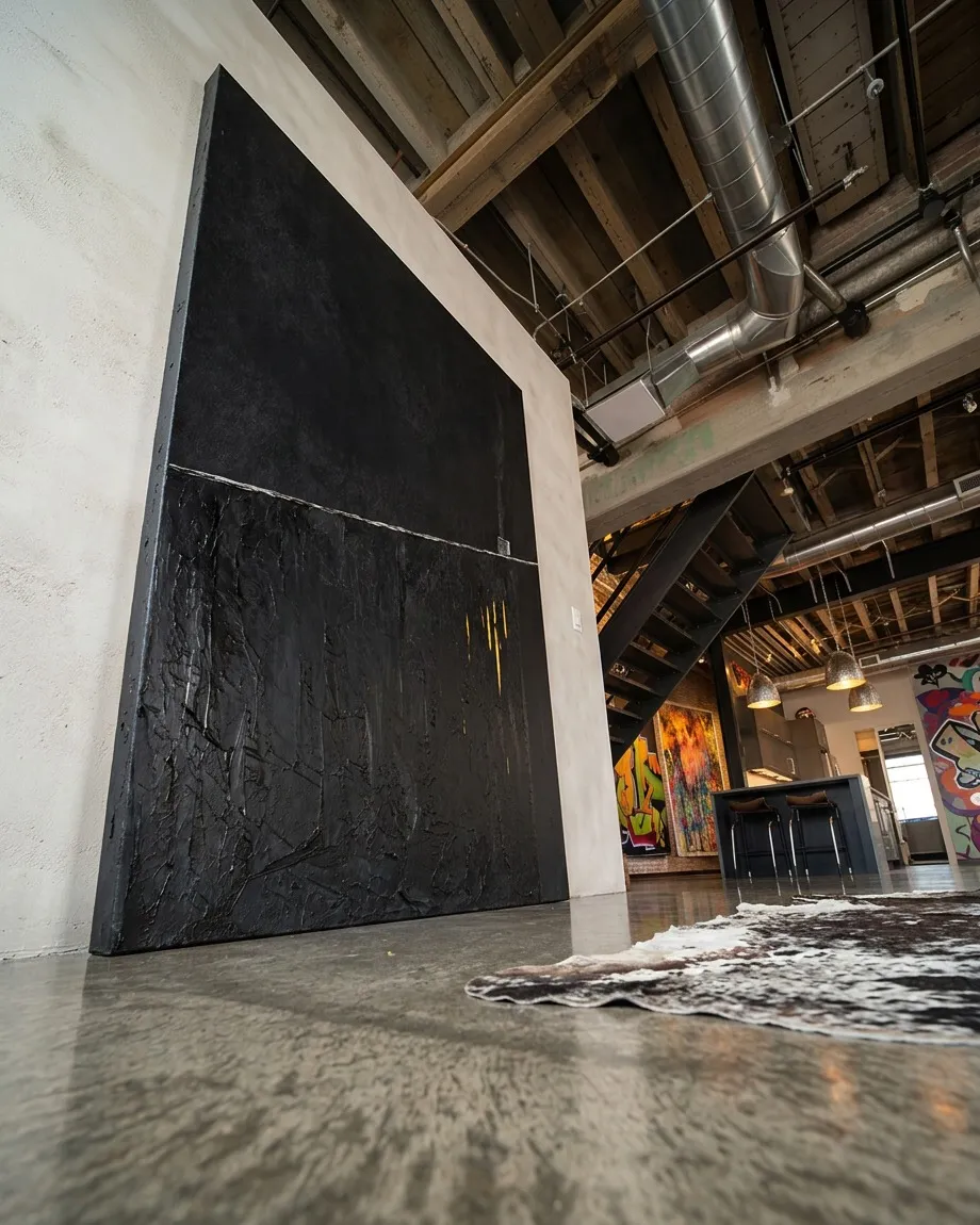 Pintura abstracta de gran formato apoyada sobre el suelo de hormigón pulido de un loft industrial, junto a una escalera metálica y techo con vigas de madera.
