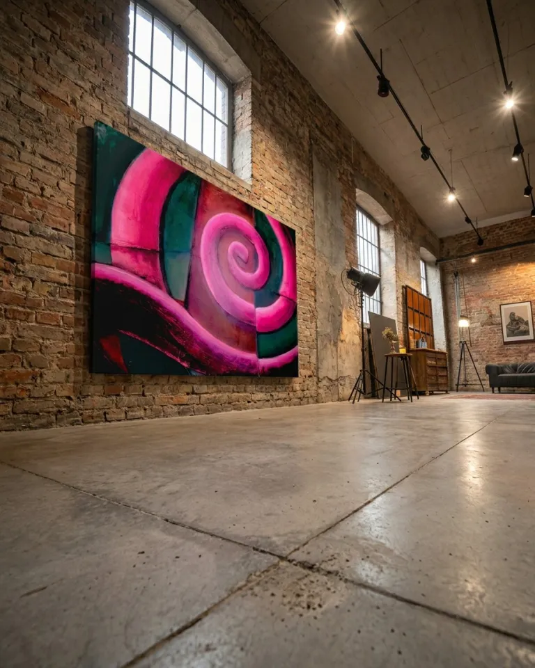 Cuadro monumental VORAGO con espiral rosa vibrante en la pared de ladrillo de un gran loft industrial con suelo de hormigón y ventanales altos.