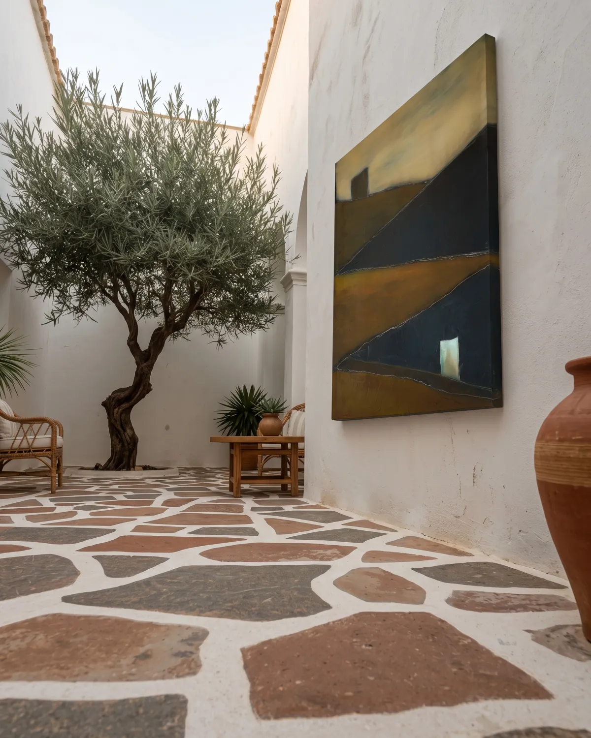Obra TENSUM de Maurizio Valch colgada en una pared encalada blanca junto a un olivo en un patio con pavimento de piedra de estilo griego o mediterráneo.